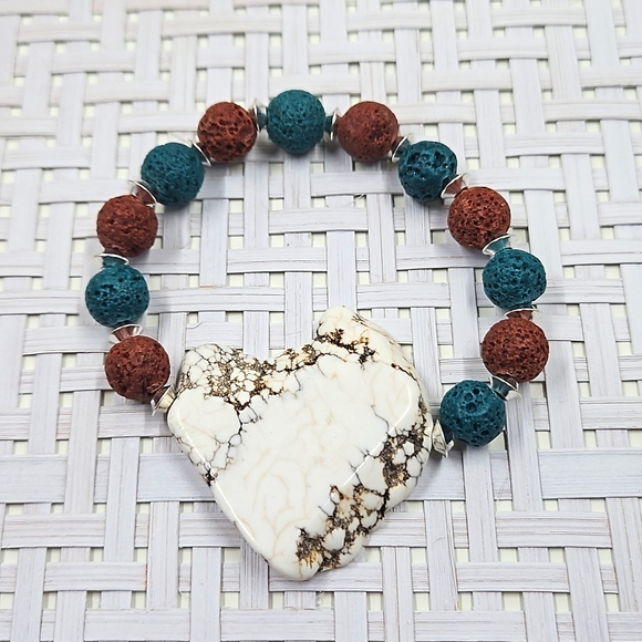 Hand Crafted Jewelry - Handmade Lava stone beads and howlite slab bead stretch bracelet